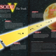 Pages from a book show a timeline in glowing yellow with six points marked on it, each one associated with a different paragraph of text summarizing the history and details of that point in time. In the distance, an orange-hued planet or moon is visible.